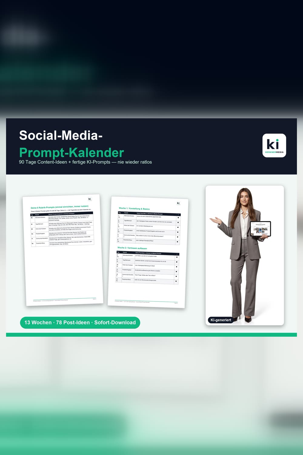 Social Media Kalender – 90 Tage Content + KI Prompts – Produktbild